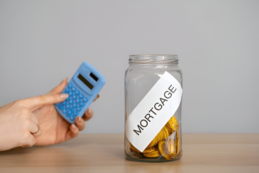 A hand operates a blue calculator next to a jar labeled "MORTGAGE" filled with coins, offering Mortgage alternatives for penalty box buyers from Buy a house with low credit.