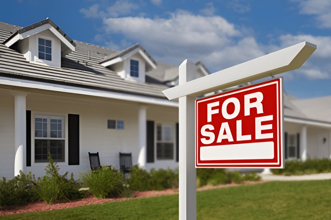 A "FOR SALE" sign stands prominently in front of a large, attractive house, representing Mortgage alternatives for penalty box buyers with KBR investing.