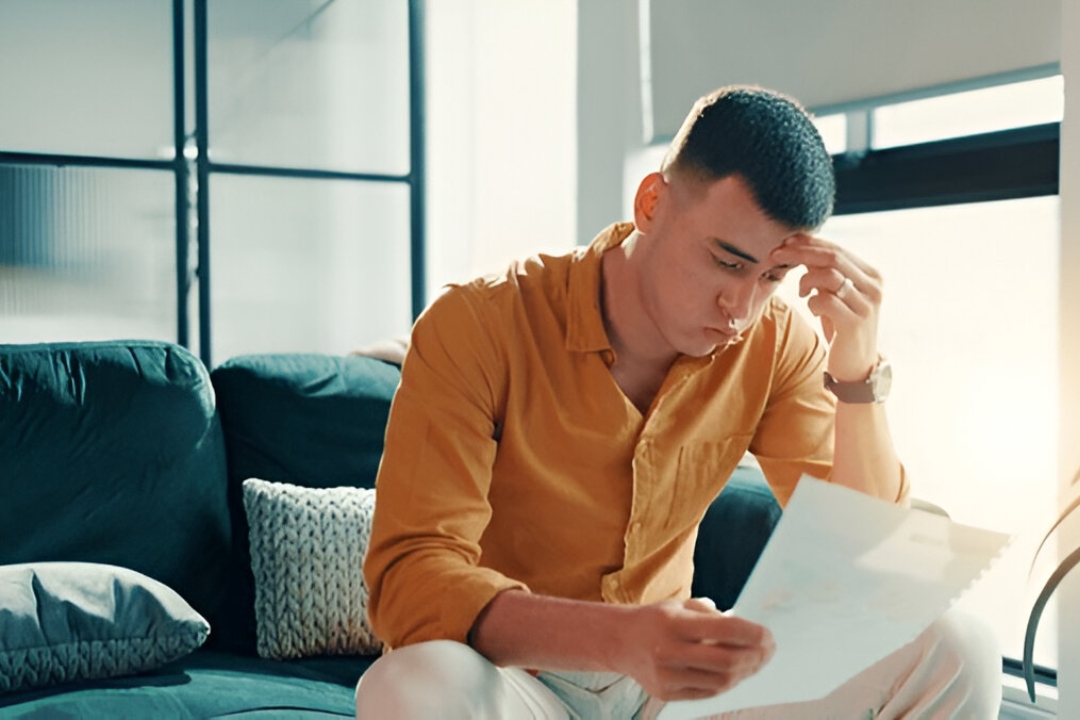  A frustrated man sits on a sofa, reviewing documents, representing the challenges of Owner financing for bad credit from KBR investing.
