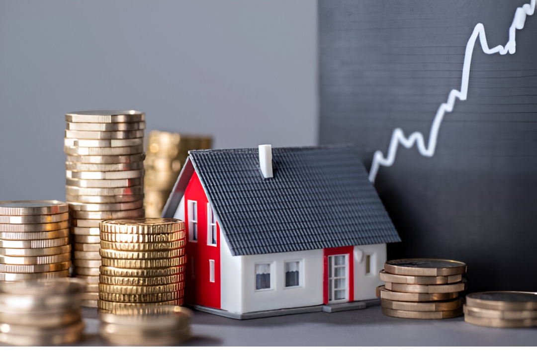  Stacks of coins surround a house model with an upward trending graph, symbolizing Custom down payment options from KBR investing.