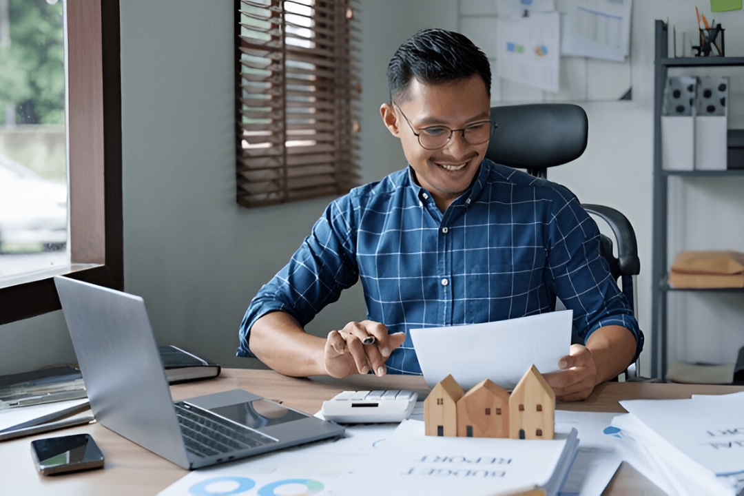 A smiling man reviews paperwork and uses a calculator with miniature houses on his desk, representing Kbr investing's Home buying options for penalty box buyers.