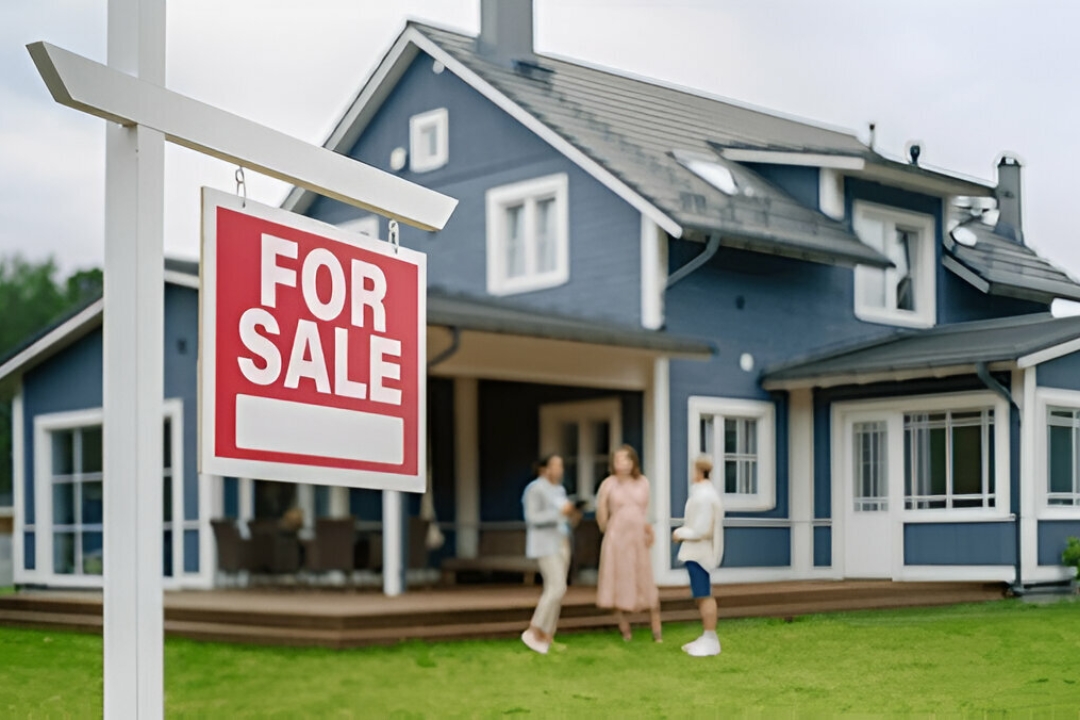 A 'FOR SALE' sign stands in front of a house where people are gathered, illustrating Kbr investing's assistance to Buy a home on a visa.