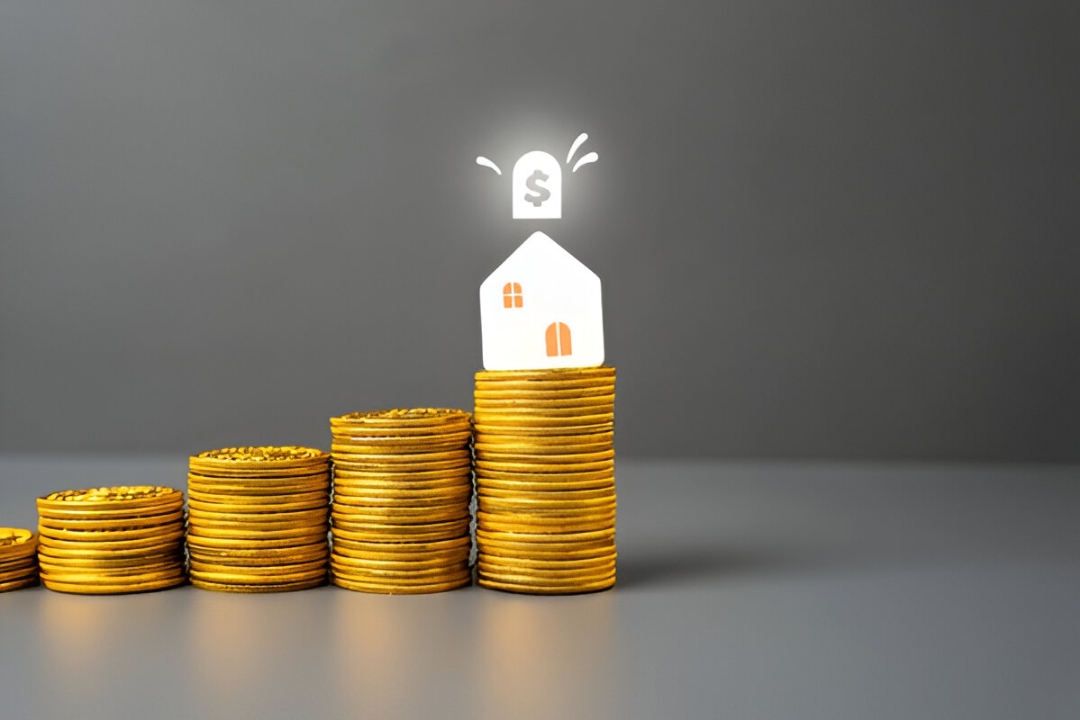 A paper house sits atop increasing stacks of gold coins, with a shining dollar sign above, illustrating how to Buy a home without a loan through Kbr investing.