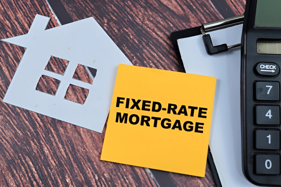 White house cutout, calculator, and yellow fixed-rate mortgage note symbolizing ways to buy a house without mortgage with Kbr Investing.