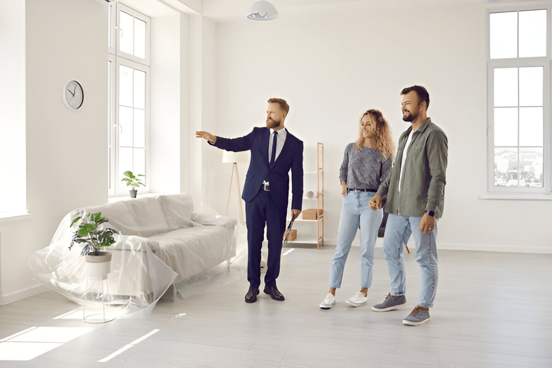 A realtor points out features of a room to a couple, symbolizing a selection of Homes for sale with no bank financing from Kbr investing. A realtor points out features of a room to a couple, symbolizing a selection of Homes for sale with no bank financing from Kbr investing.