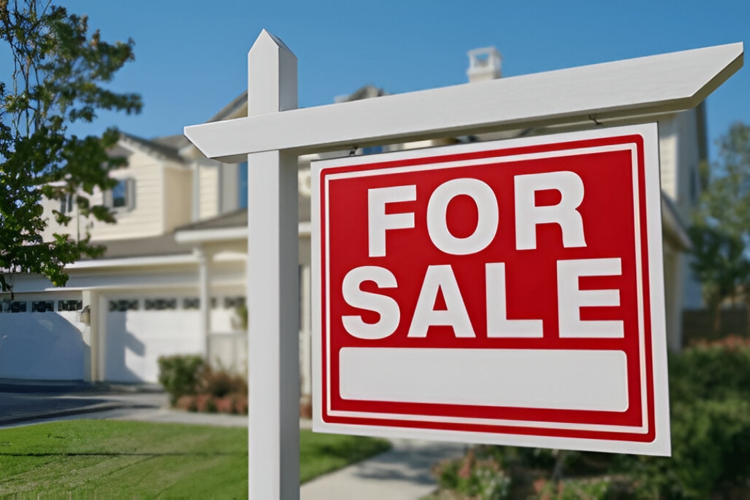 A "For Sale" sign stands in front of a suburban house, an image related to understanding a Work visa home loan with guidance from Kbr investing.