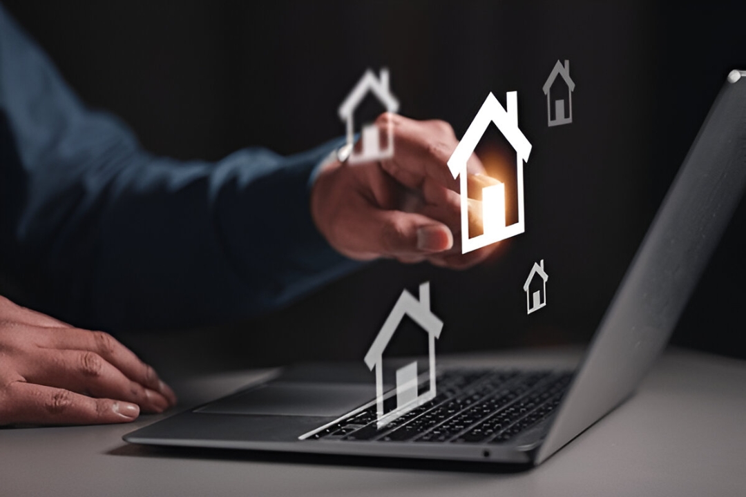 A person uses a laptop with virtual house icons, showing options to buy a house with low credit in the U.S by KBR Investing.