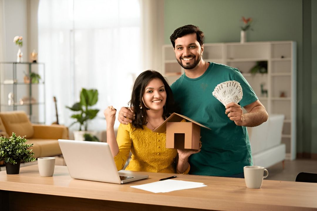 A cheerful couple holds cash and a model house while looking at a laptop, envisioning their future with Owner finance properties with no credit check through KBR Investing.