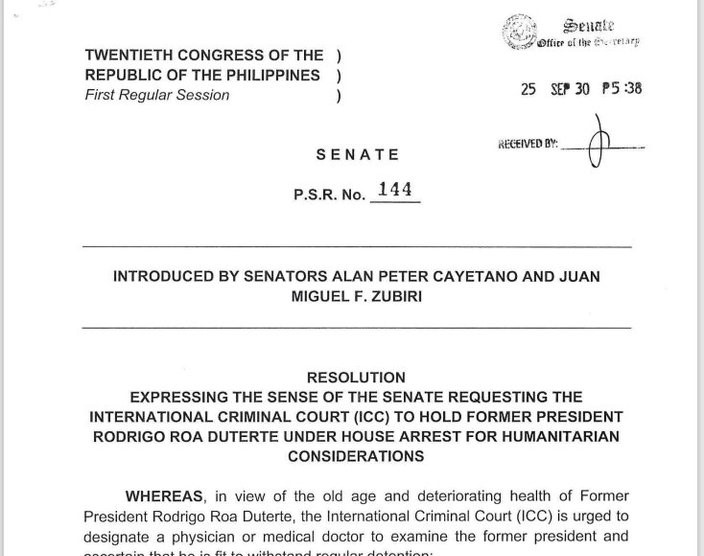 Senate Reso For FPRRD House Arrest, A 