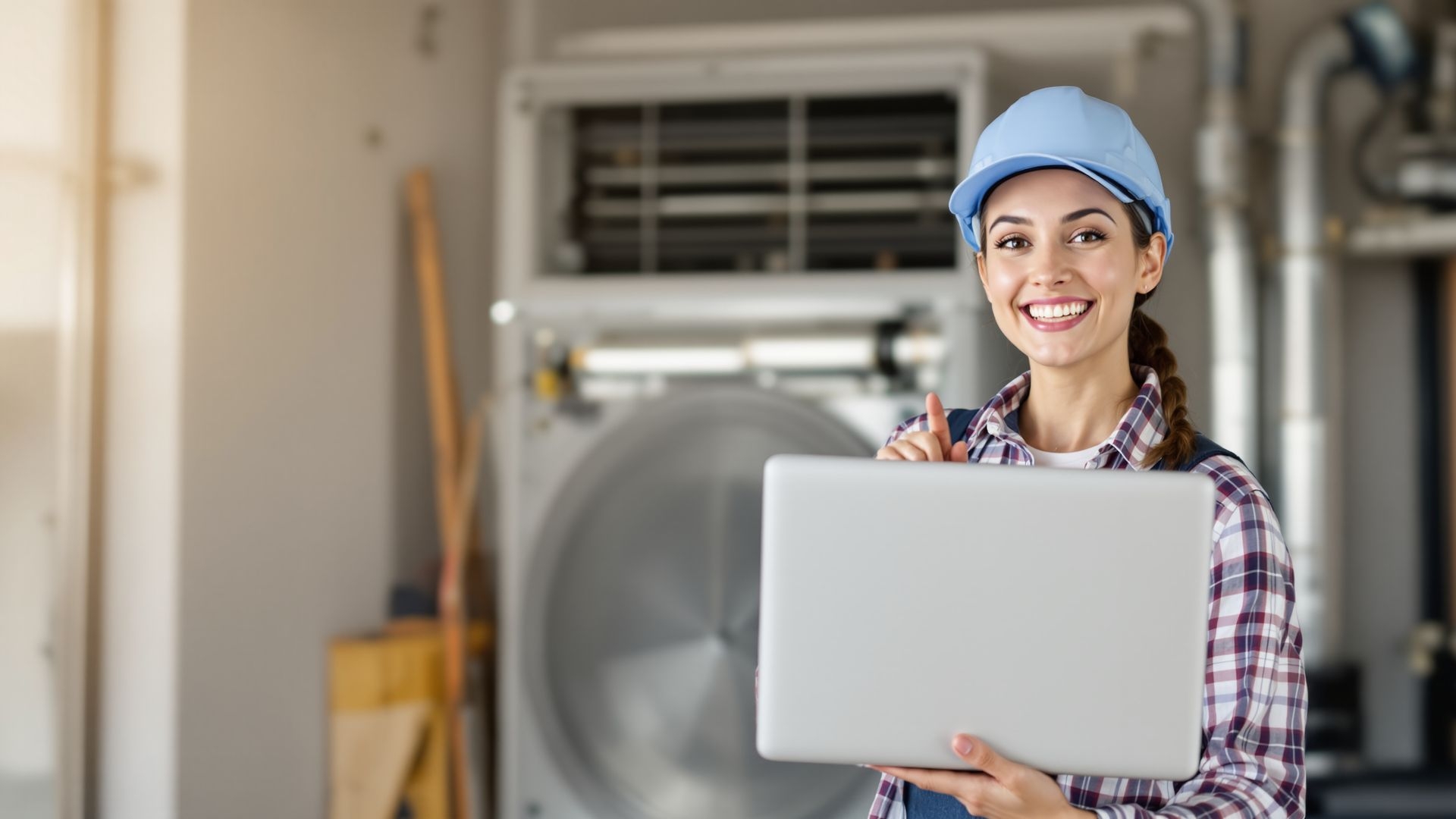 female hvac professional holding a laptop while smiling
