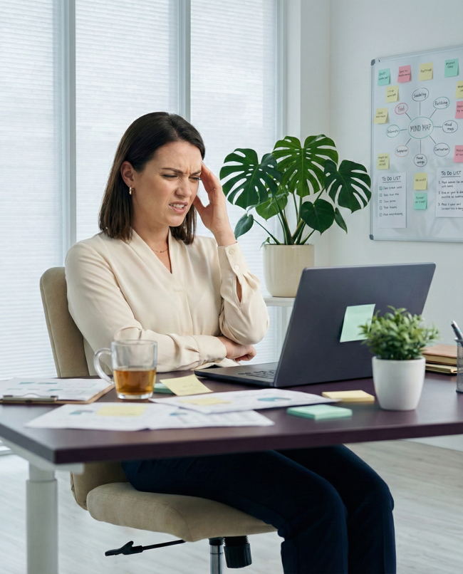 Frau am Arbeitsplatz mit nachdenklichem Blick