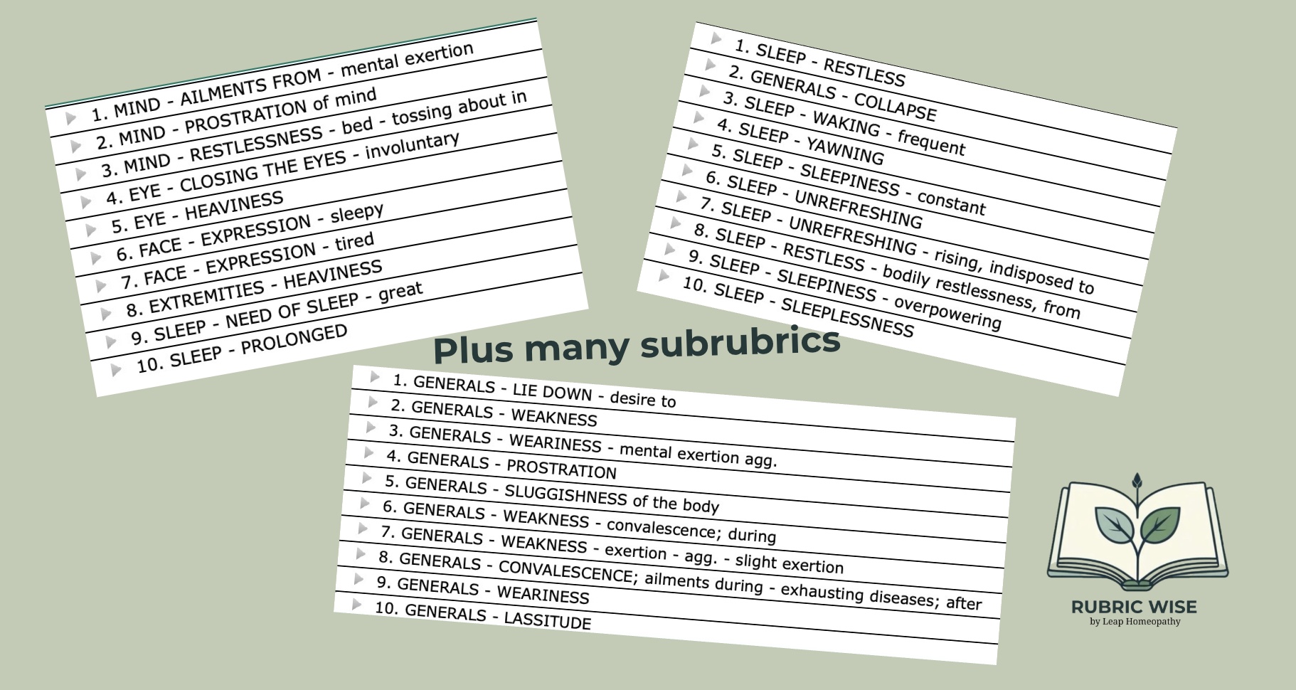 Rubric starters for fatigue in the repertory