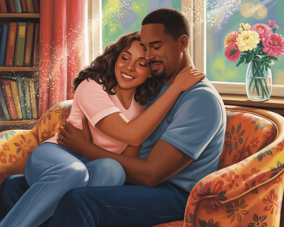 A warm, intimate photograph of a couple sitting close together on a comfortable sofa, engaged in a deep, meaningful conversation. The woman leans slightly toward her partner, her hands gently clasped in her lap, while the man sits with one arm resting on the back of the couch, both displaying thoughtful, contemplative expressions as they maintain soft eye contact. Their faces are illuminated by the golden glow of a nearby table lamp, casting gentle shadows that emphasize the emotional connection between them. The background features a cozy living room with soft, blurred bokeh effects, while the warm amber lighting creates an atmosphere of safety, intimacy, and meaningful dialogue.