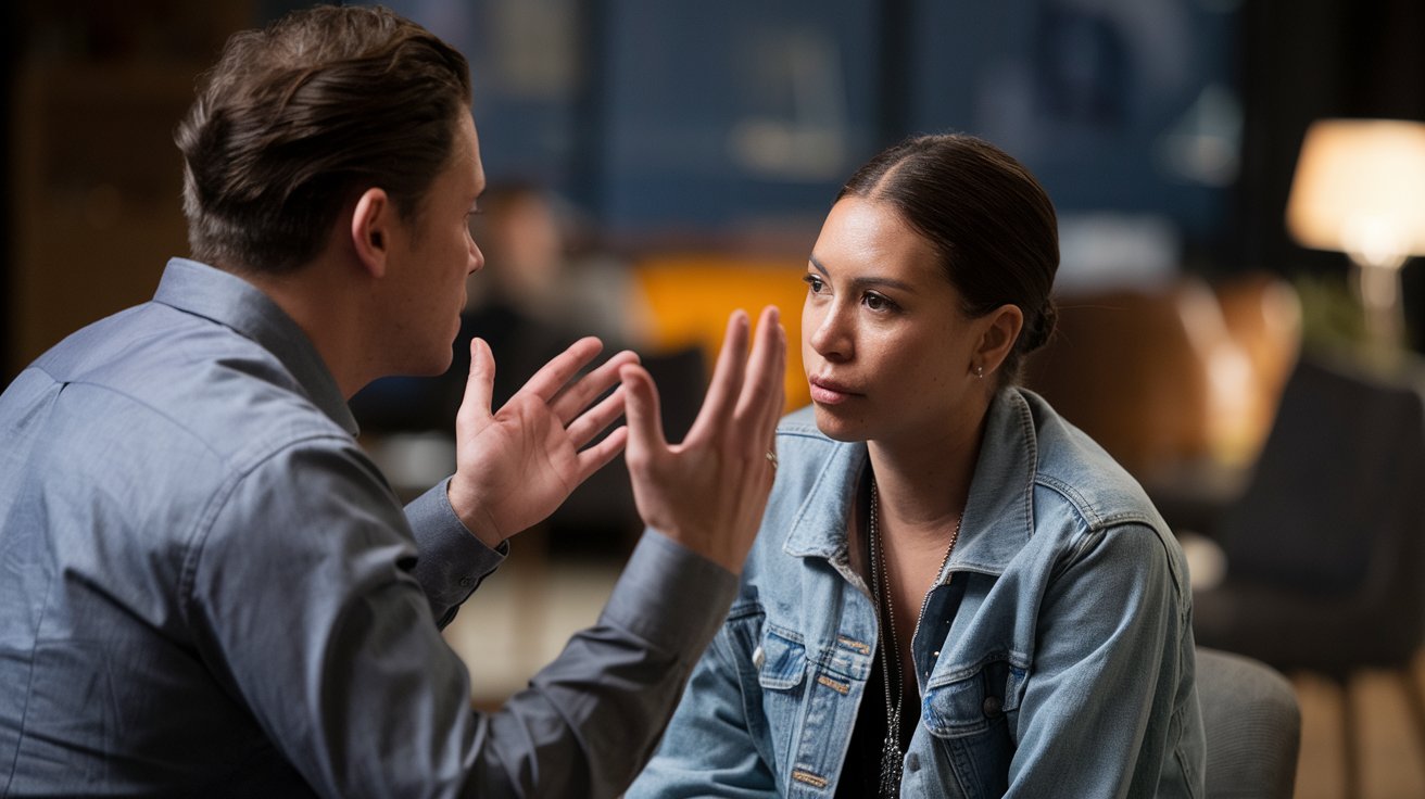 A photo of a man and a woman having a focused conversation. The man is wearing a gray shirt and has his hands raised. The woman is wearing a denim jacket and a necklace. She is looking intently at the man. The background is blurred and contains a few chairs and a lamp. The lighting is soft.