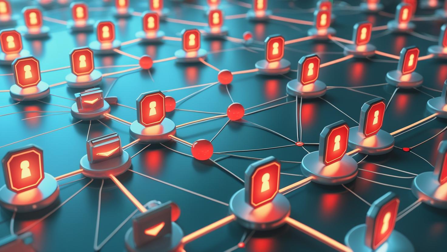 AI-driven cybersecurity network with interconnected nodes and glowing red lock icons, symbolizing digital data protection and privacy concerns.