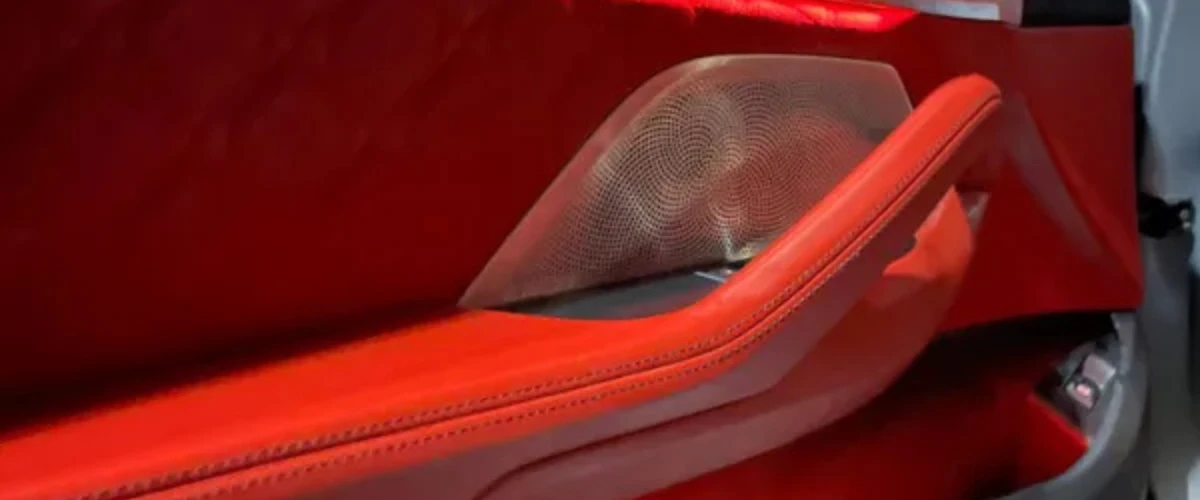 Close-up of red leather BMW door panel and speaker grille after detailing