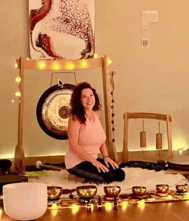Cherie setup with sound bowls for a group session Cherie setup with sound bowls for a group session