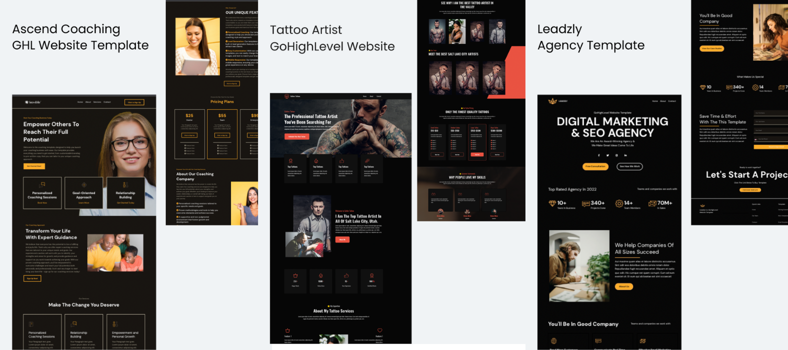 Hero image of three GoHighLevel Dark Theme templates