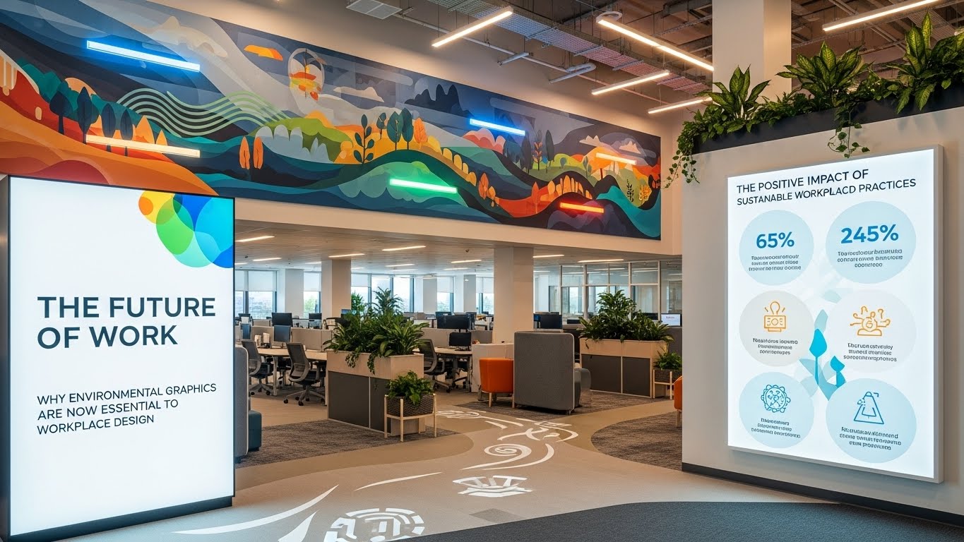 Modern office with environmental graphic wall mural enhancing workspace design.