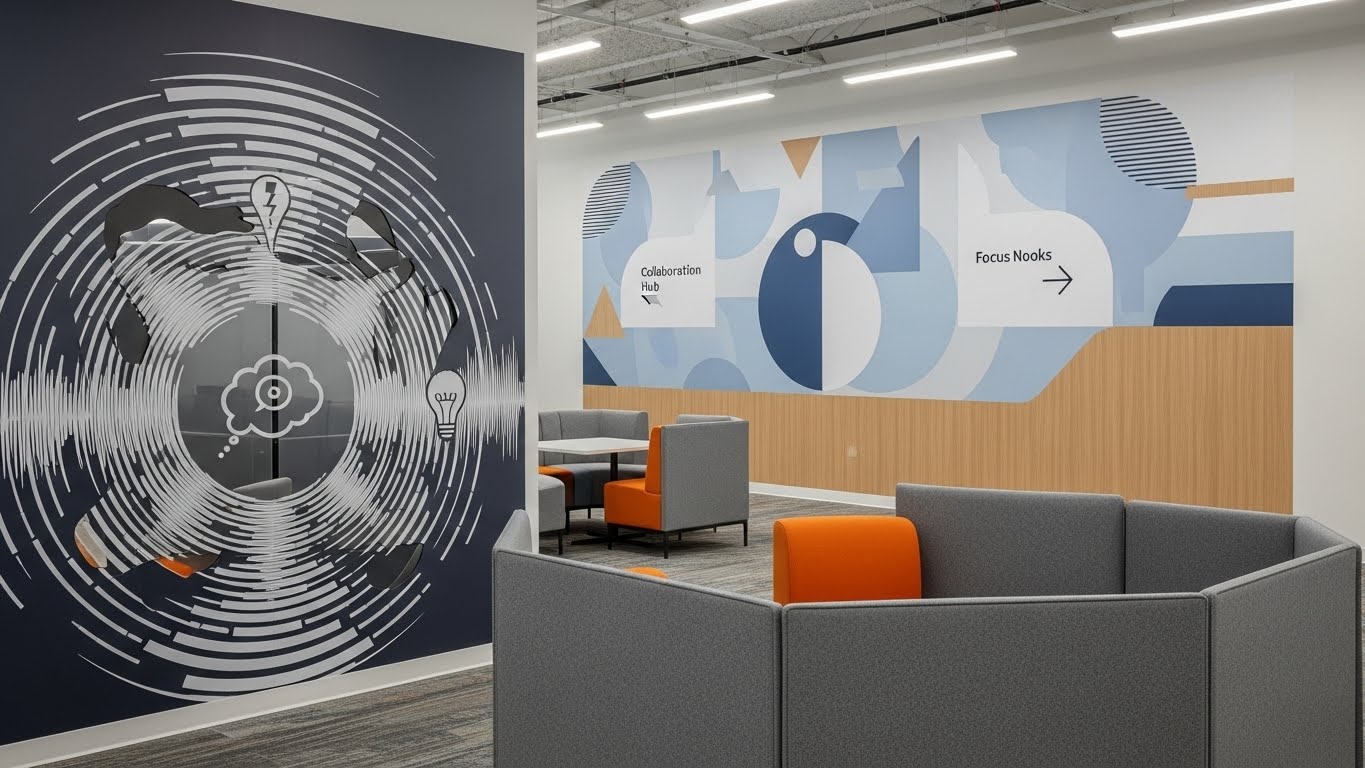 Environmental graphics in a modern workplace used to reduce noise, define zones, and support open office and hoteling environments.