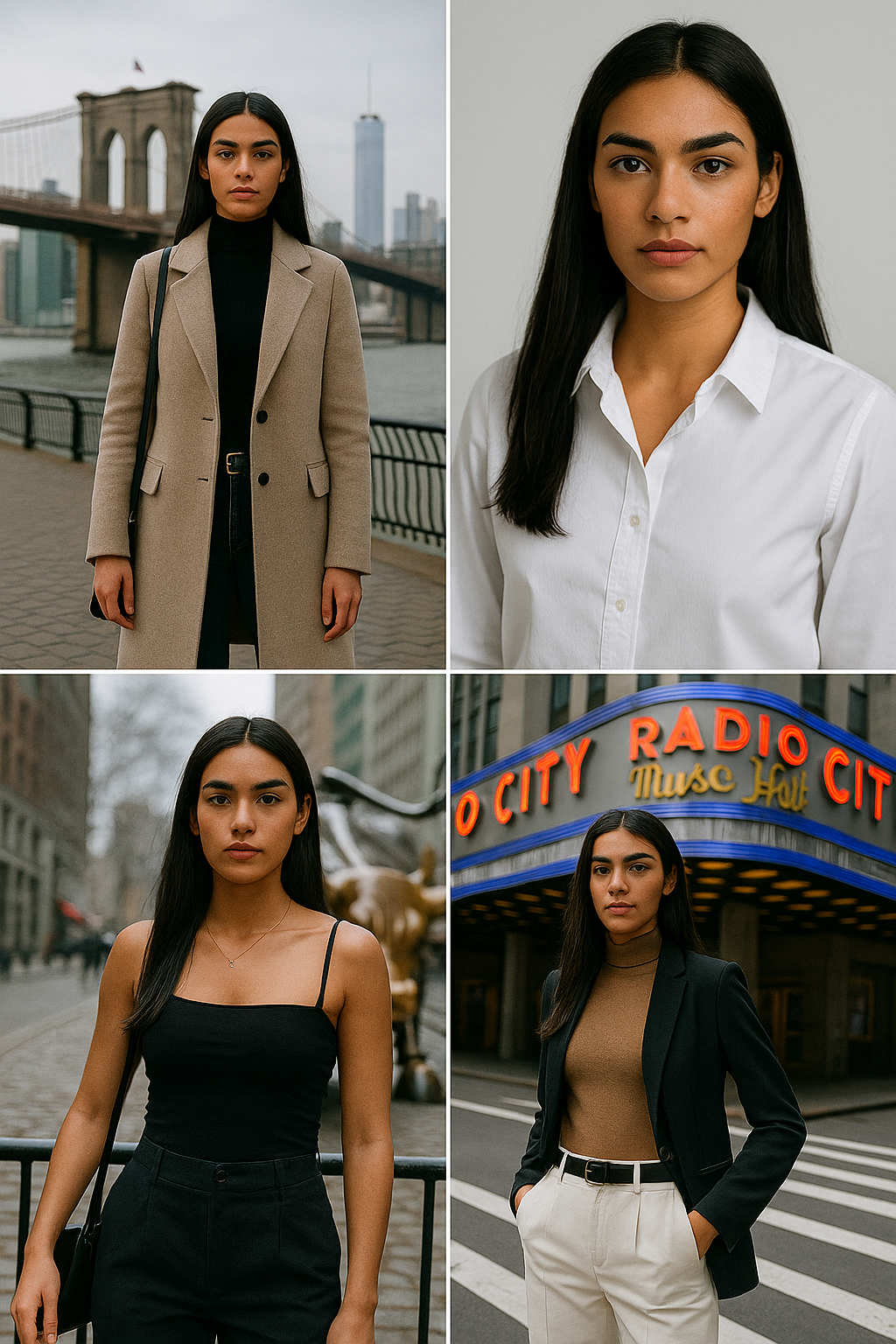 Alt Text: A photo collage of one model in four different looks—posing at Brooklyn Bridge, in a white studio shirt, near the Wall Street Bull, and in businesswear at Radio City Music Hall—showcasing versatility and NYC modeling style. Alt Text: A photo collage of one model in four different looks—posing at Brooklyn Bridge, in a white studio shirt, near the Wall Street Bull, and in businesswear at Radio City Music Hall—showcasing versatility and NYC modeling style.