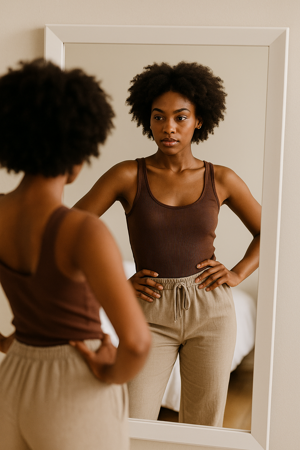 Alt Text: Aspiring model practicing poses in front of a mirror at home. Alt Text: Aspiring model practicing poses in front of a mirror at home.