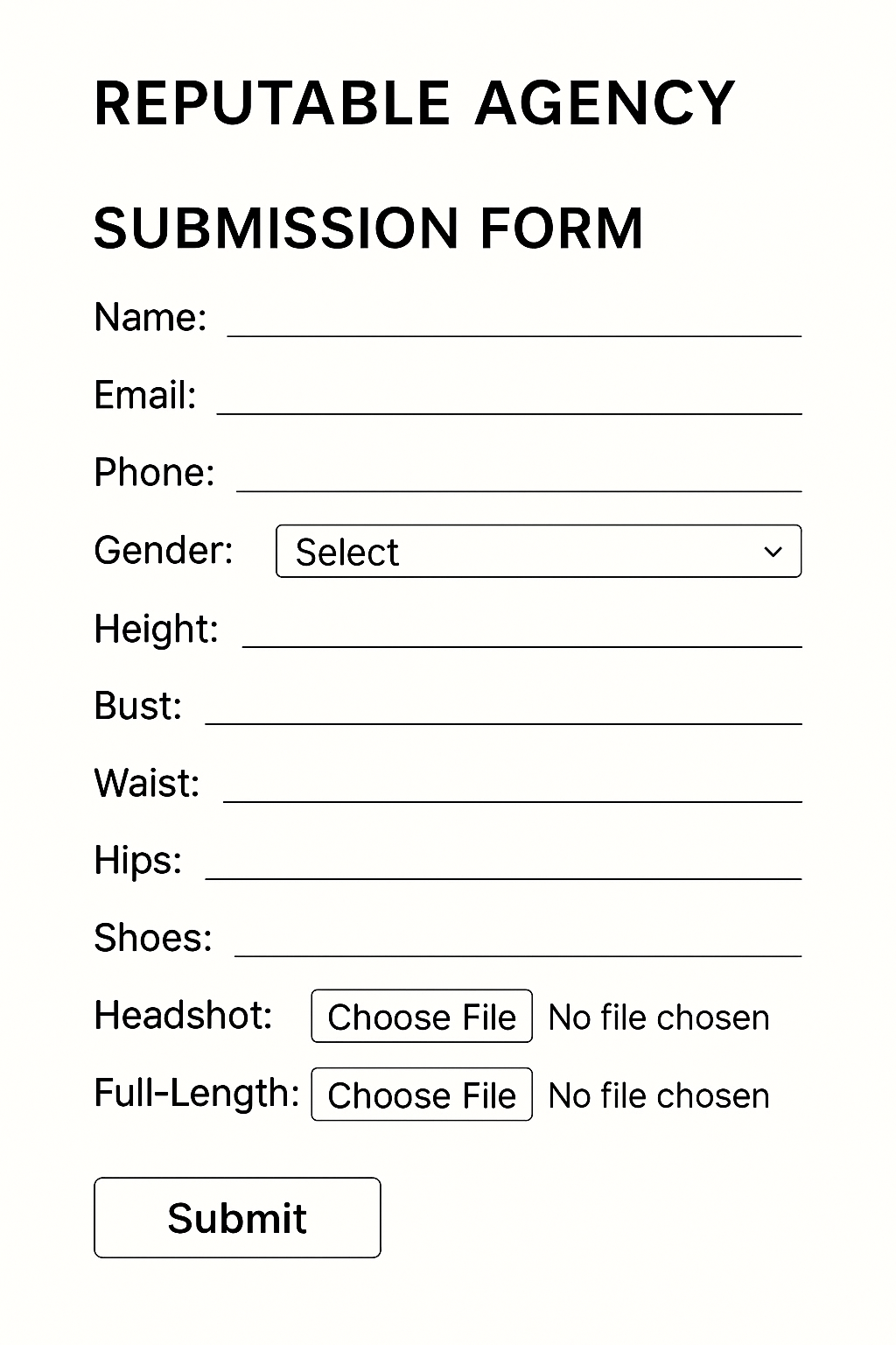 Alt Text: Screenshot of a reputable modeling agency's submission form. Alt Text: Screenshot of a reputable modeling agency's submission form.