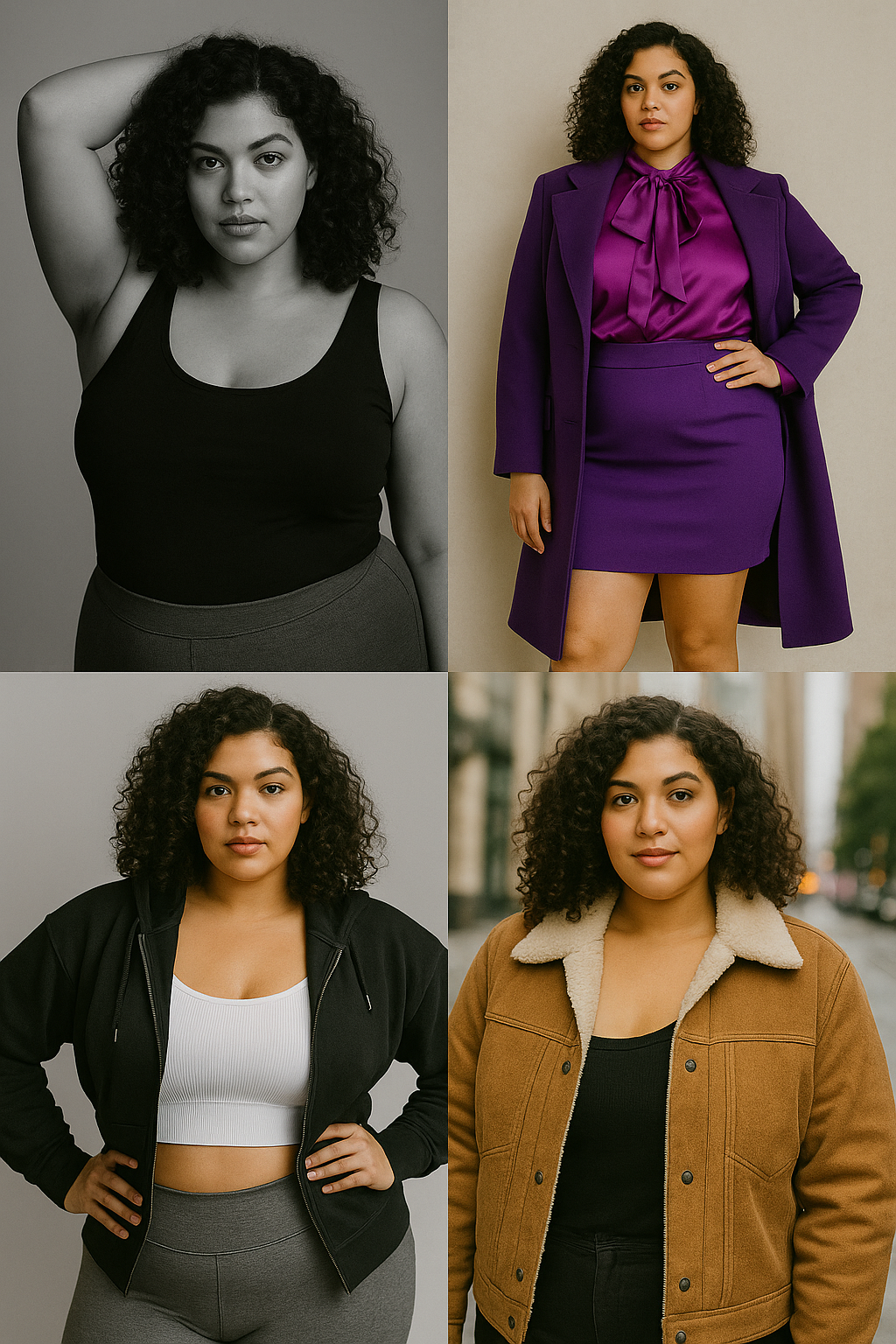 Alt Text: A collage of four professional photos of a plus-size model with curly hair—featuring a black-and-white headshot, a high-fashion purple outfit, a sporty athleisure look, and a casual street style captured in NYC. Alt Text: A collage of four professional photos of a plus-size model with curly hair—featuring a black-and-white headshot, a high-fashion purple outfit, a sporty athleisure look, and a casual street style captured in NYC.