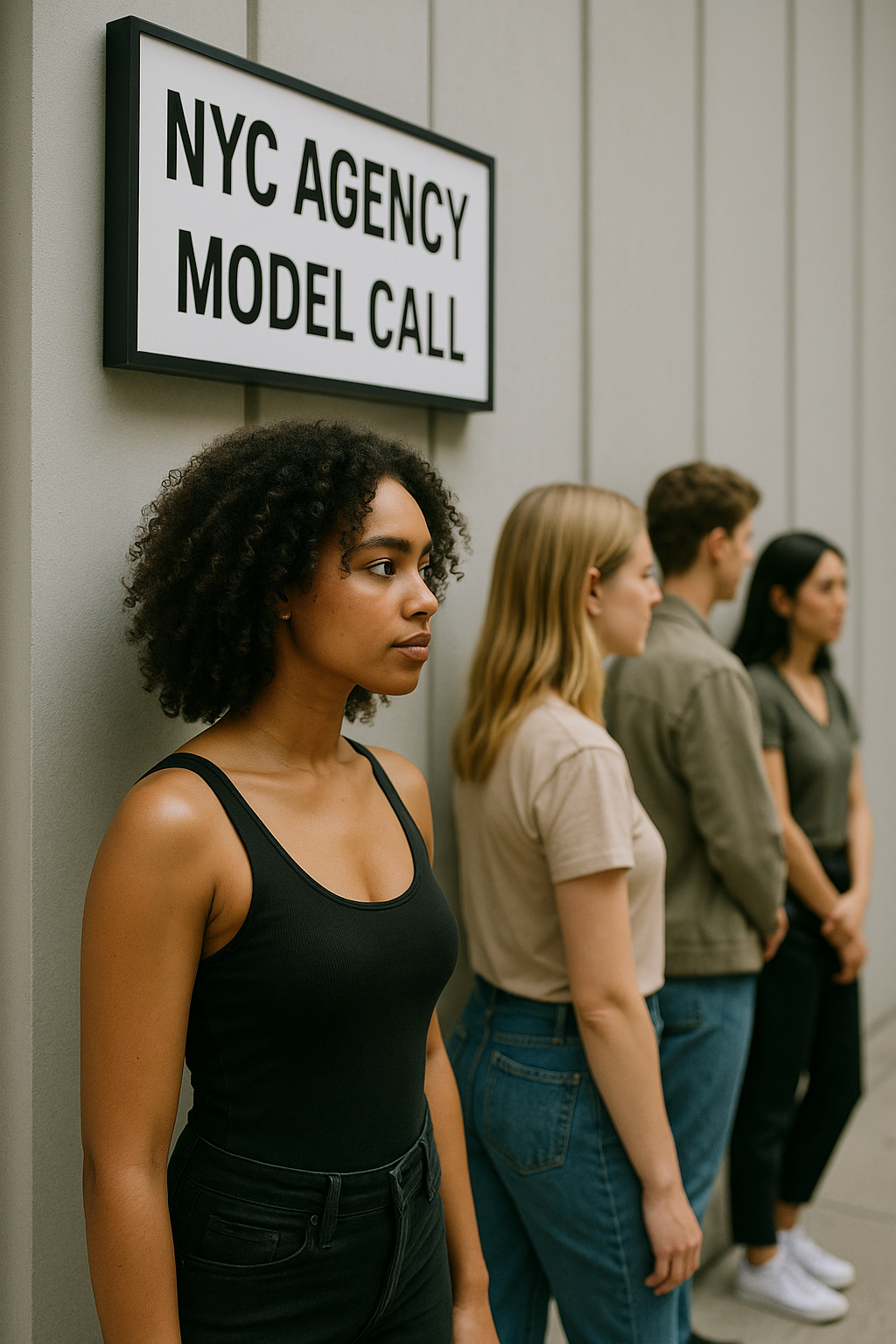 A young Black woman with curly hair stands in line for an open model call, wearing a black tank top, beneath a sign reading “NYC AGENCY MODEL CALL.” A young Black woman with curly hair stands in line for an open model call, wearing a black tank top, beneath a sign reading “NYC AGENCY MODEL CALL.”