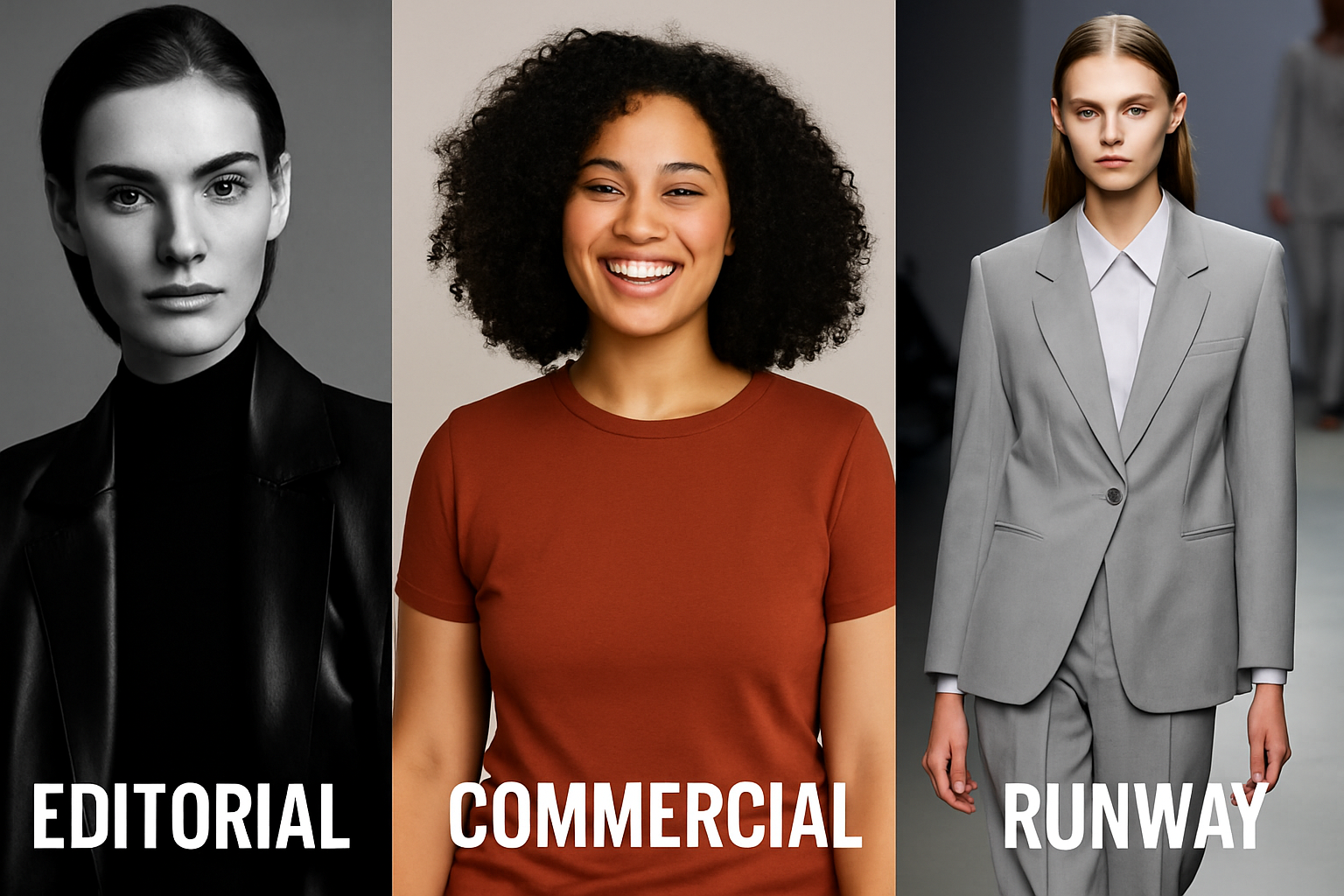 A collage featuring three modeling types—editorial with a black-and-white fashion portrait, commercial with a smiling model in casual wear, and runway with a sleek model walking in a tailored suit. A collage featuring three modeling types—editorial with a black-and-white fashion portrait, commercial with a smiling model in casual wear, and runway with a sleek model walking in a tailored suit.