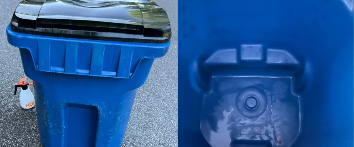 Side-by-side view of a dirty and freshly cleaned blue trash bin, showcasing interior and exterior