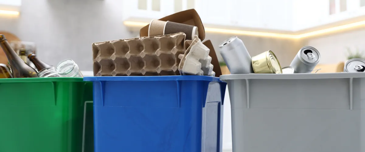 Indoor recycling containers filled with paper, cans, and glass Indoor recycling containers filled with paper, cans, and glass