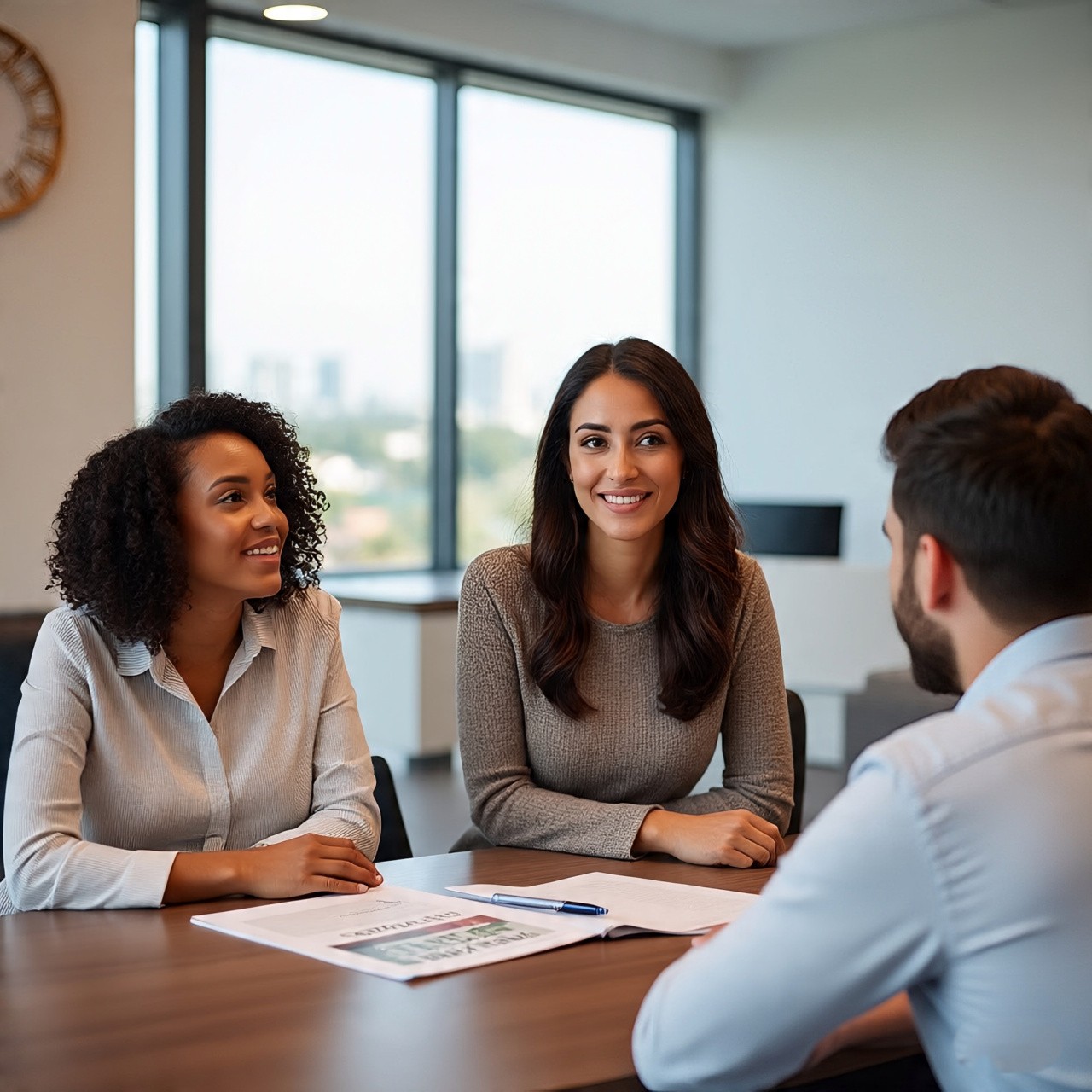 Real estate agent showing Florida first-time buyer program brochures to a couple in a bright office, illustrating down payment and grant opportunities. Real estate agent showing Florida first-time buyer program brochures to a couple in a bright office, illustrating down payment and grant opportunities.