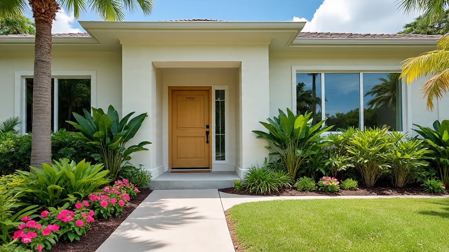 A stylish Central Florida suburban home with palm trees, trimmed hedges, and colorful tropical plants. The house features a bold new front door, spotless walkway, and lush greenery under a clear blue sky, showcasing warm curb appeal and a welcoming neighborhood vibe. A stylish Central Florida suburban home with palm trees, trimmed hedges, and colorful tropical plants. The house features a bold new front door, spotless walkway, and lush greenery under a clear blue sky, showcasing warm curb appeal and a welcoming neighborhood vibe.