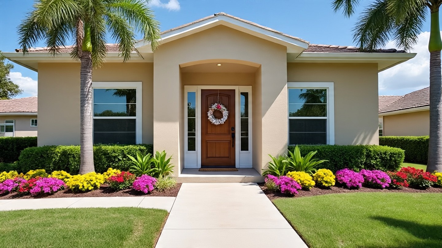 A stylish Central Florida suburban home with palm trees, trimmed hedges, and colorful tropical plants. The house features a bold new front door, spotless walkway, and lush greenery under a clear blue sky, showcasing warm curb appeal and a welcoming neighborhood vibe. A stylish Central Florida suburban home with palm trees, trimmed hedges, and colorful tropical plants. The house features a bold new front door, spotless walkway, and lush greenery under a clear blue sky, showcasing warm curb appeal and a welcoming neighborhood vibe.