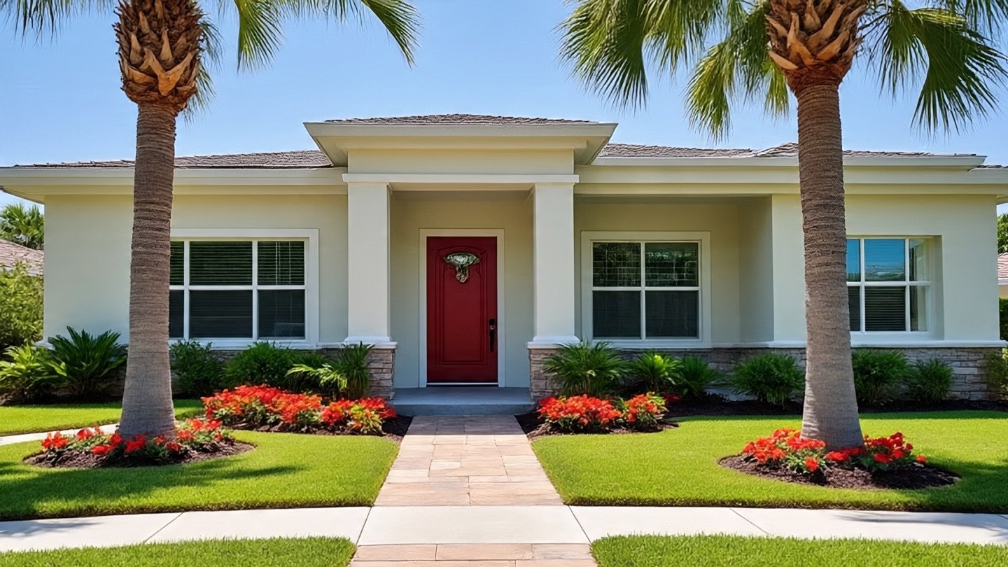 A stylish Central Florida suburban home with palm trees, trimmed hedges, and colorful tropical plants. The house features a bold new front door, spotless walkway, and lush greenery under a clear blue sky, showcasing warm curb appeal and a welcoming neighborhood vibe. A stylish Central Florida suburban home with palm trees, trimmed hedges, and colorful tropical plants. The house features a bold new front door, spotless walkway, and lush greenery under a clear blue sky, showcasing warm curb appeal and a welcoming neighborhood vibe.