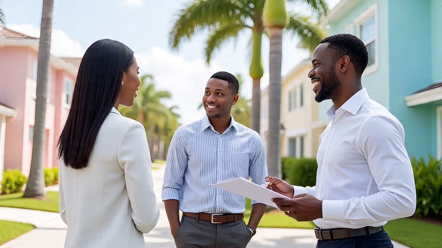 A friendly real estate agent in business casual attire greets a diverse couple in front of a modern suburban home in Central Florida. The scene shows palm trees, bright sunshine, pastel-colored houses and a welcoming neighborhood street. The agent holds a folder and gestures toward the property, conveying trust and professionalism.