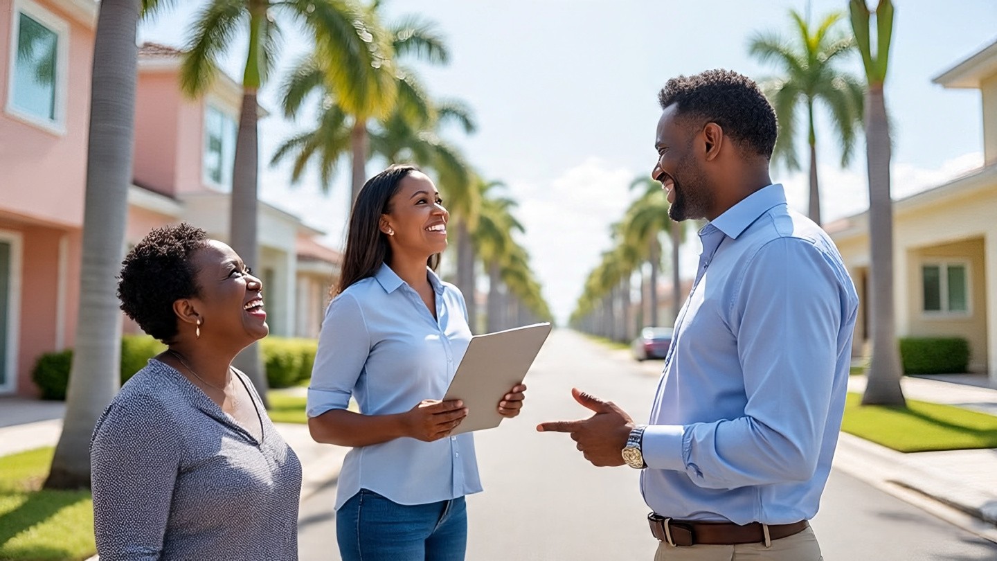 A friendly real estate agent in business casual attire greets a diverse couple in front of a modern suburban home in Central Florida. The scene shows palm trees, bright sunshine, pastel-colored houses and a welcoming neighborhood street. The agent holds a folder and gestures toward the property, conveying trust and professionalism.