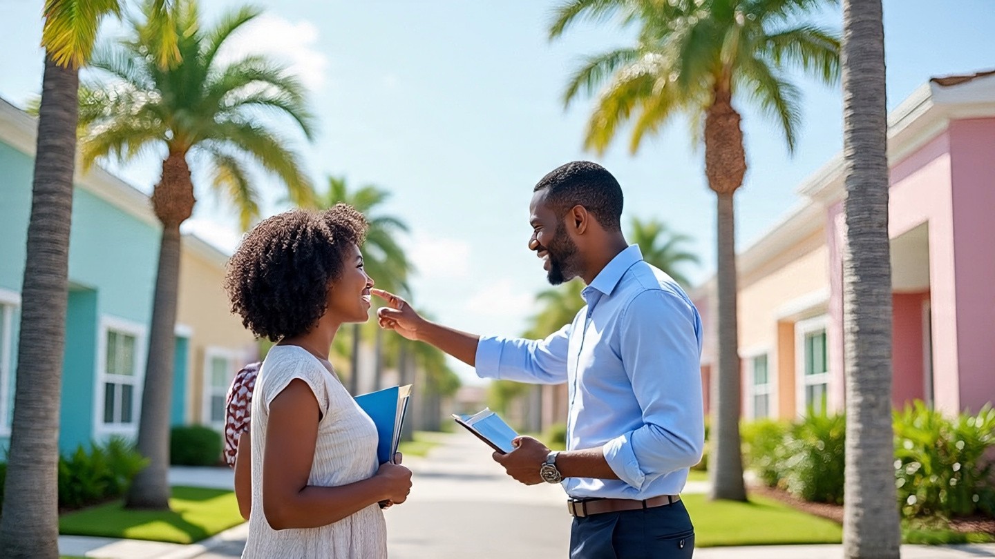 A friendly real estate agent in business casual attire greets a diverse couple in front of a modern suburban home in Central Florida. The scene shows palm trees, bright sunshine, pastel-colored houses and a welcoming neighborhood street. The agent holds a folder and gestures toward the property, conveying trust and professionalism.