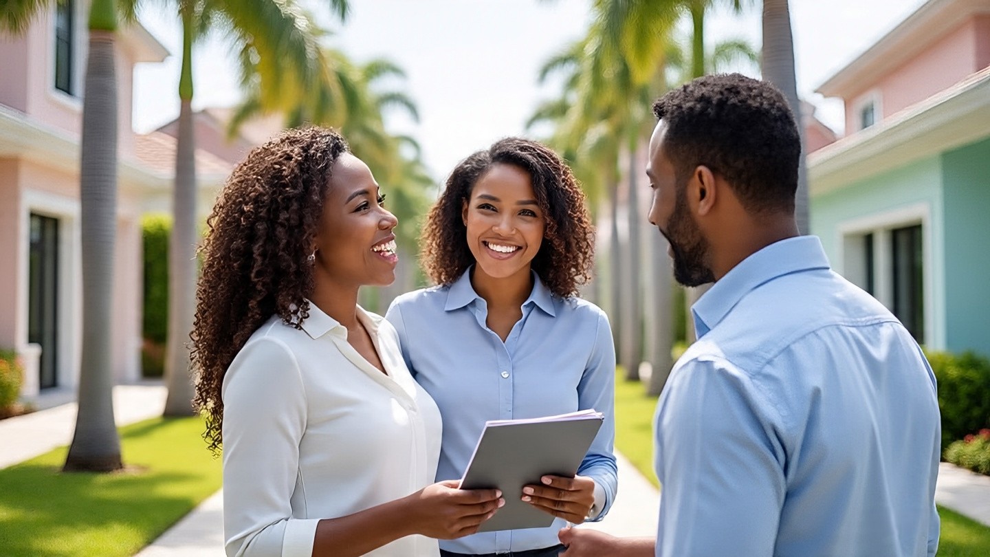 A friendly real estate agent in business casual attire greets a diverse couple in front of a modern suburban home in Central Florida. The scene shows palm trees, bright sunshine, pastel-colored houses and a welcoming neighborhood street. The agent holds a folder and gestures toward the property, conveying trust and professionalism.