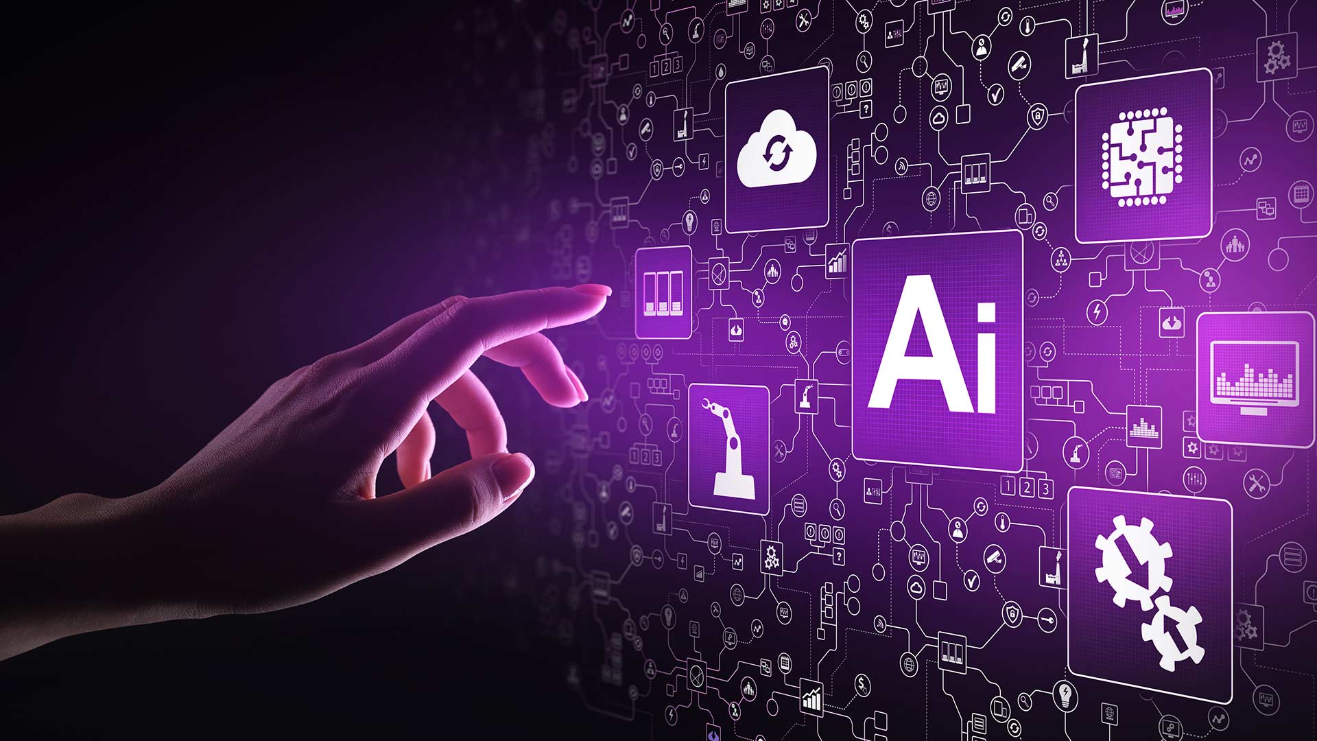 a hand pointing to the word AI in a digital  universe