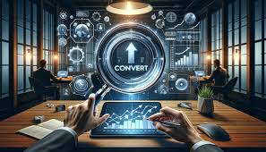 laptop with the word convert with an up arrow in digital space