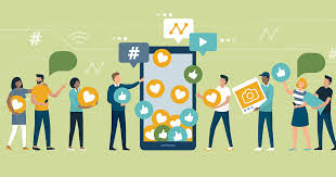 many people standing in front of a cellphone showing many hearts and likes