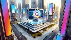 a monitor that has a play button for a video ad in a digital universe