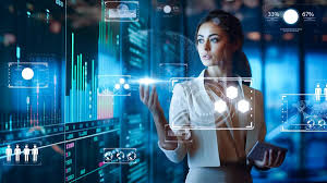 a woman looking at a digital universe looking at some analytics