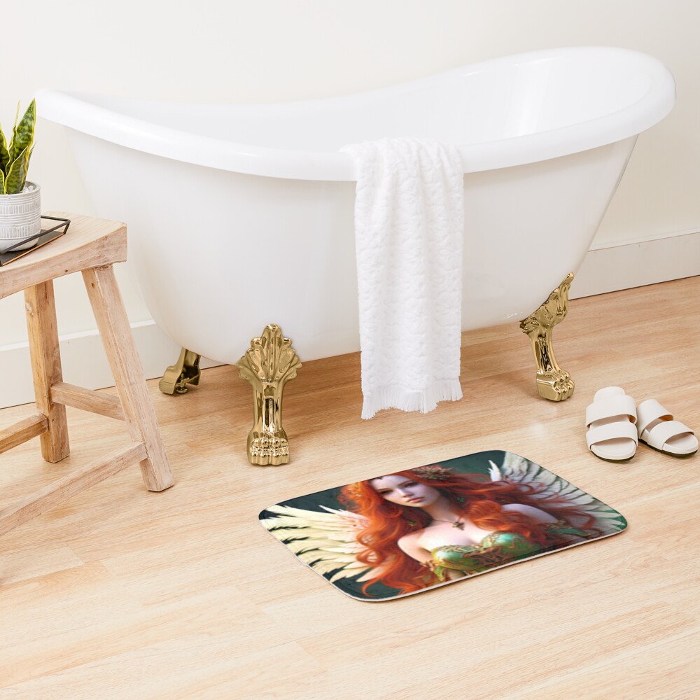 Bath mat featuring a red-haired goddess in a flowing green gown with angelic wings, adding a touch of elegance and serenity to any bathroom decor. Bath mat featuring a red-haired goddess in a flowing green gown with angelic wings, adding a touch of elegance and serenity to any bathroom decor.