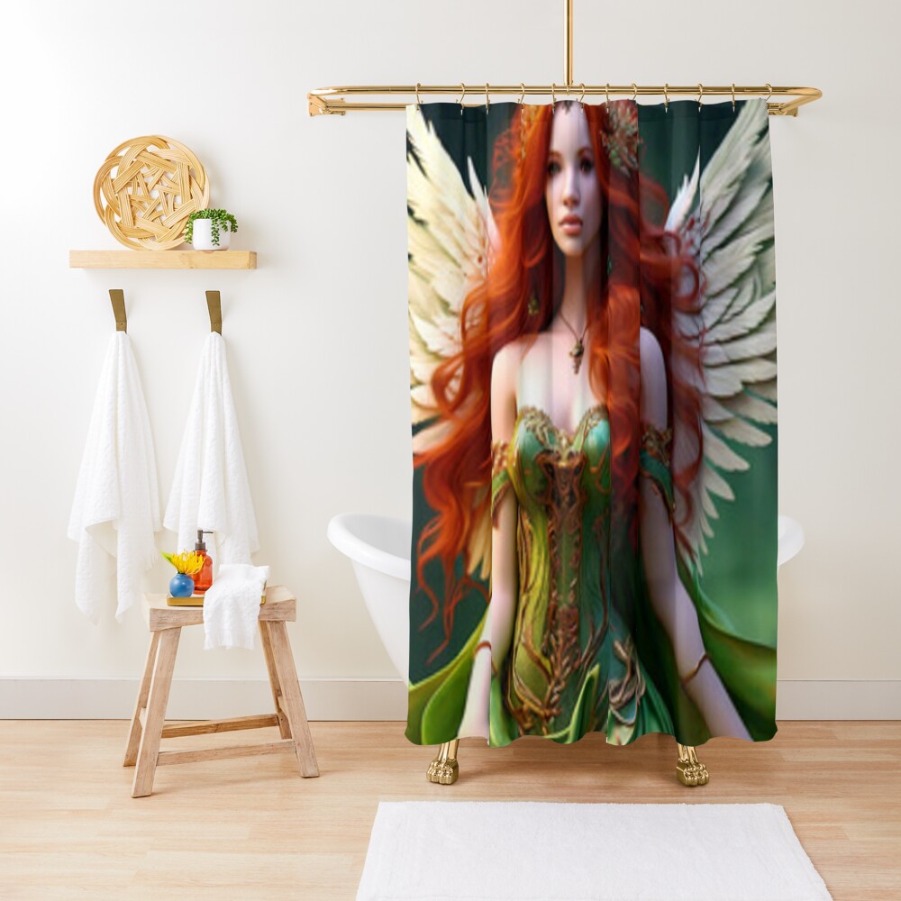 Shower curtain featuring a red-haired goddess in a flowing green gown with angelic wings, creating a magical and serene atmosphere in the bathroom Shower curtain featuring a red-haired goddess in a flowing green gown with angelic wings, creating a magical and serene atmosphere in the bathroom
