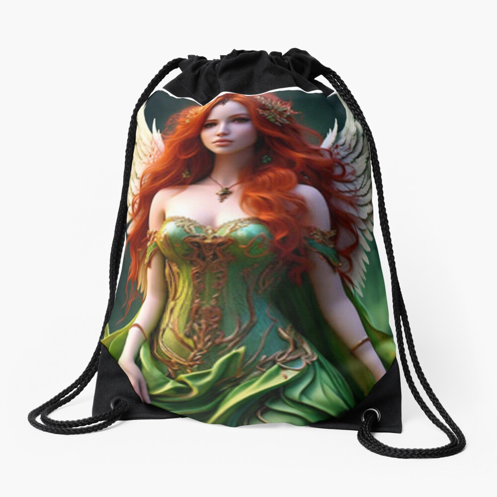 Drawstring bag featuring a red-haired goddess in a flowing green gown with angelic wings, offering a stylish and artistic way to carry your essentials. Drawstring bag featuring a red-haired goddess in a flowing green gown with angelic wings, offering a stylish and artistic way to carry your essentials.