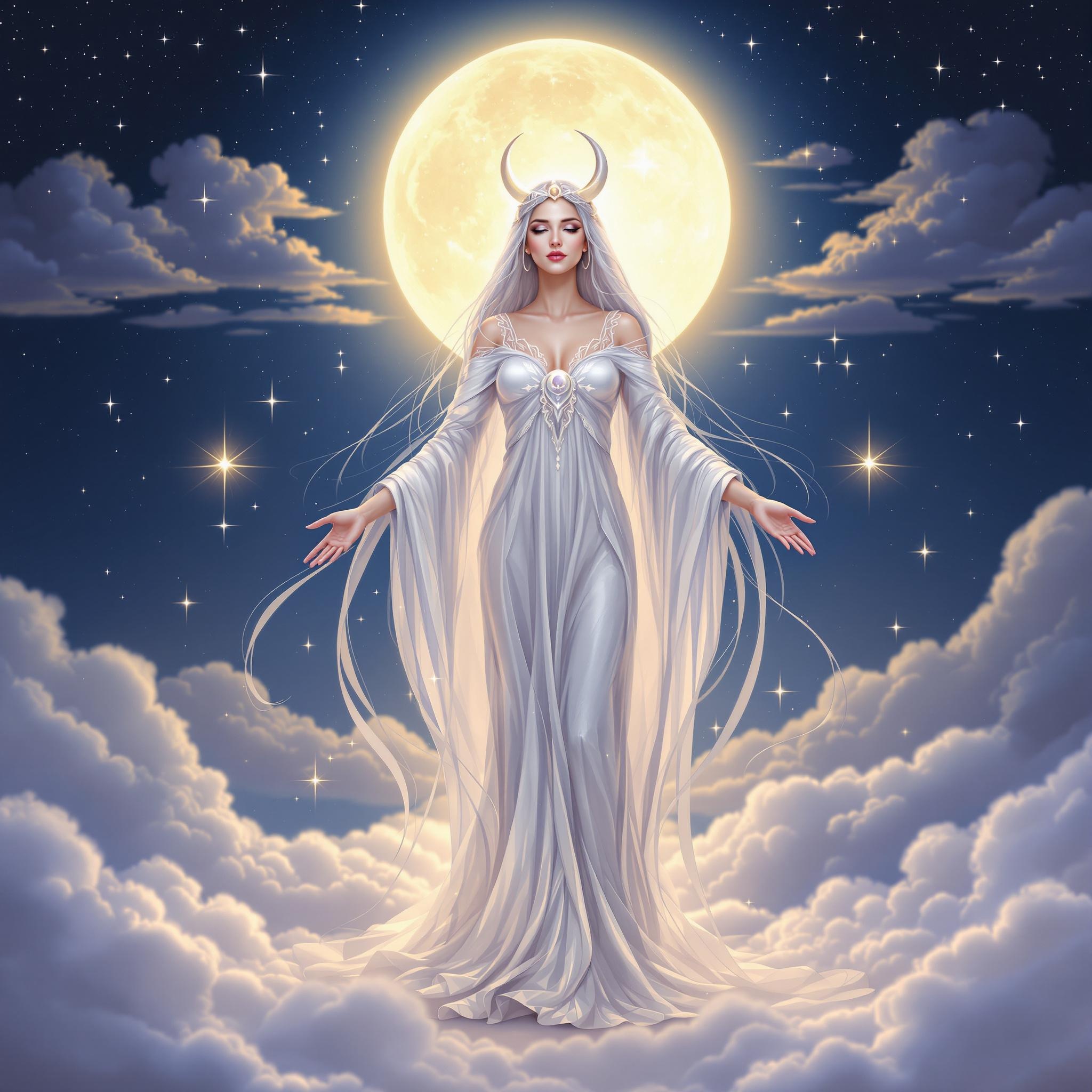 A serene and mystical depiction of Selene, the Greek goddess of the moon. She is bathed in soft moonlight, wearing flowing silver robes and a crescent moon crown. The background features a starry night sky with a glowing full moon and gentle clouds, exuding calmness, wisdom, and divine femininity. A serene and mystical depiction of Selene, the Greek goddess of the moon. She is bathed in soft moonlight, wearing flowing silver robes and a crescent moon crown. The background features a starry night sky with a glowing full moon and gentle clouds, exuding calmness, wisdom, and divine femininity.