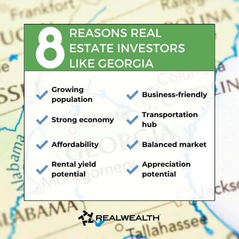 Georgia housing market infographic highlighting reasons real estate investors like Georgia: affordability, growth, rental potential, balanced market Georgia housing market infographic highlighting reasons real estate investors like Georgia: affordability, growth, rental potential, balanced market